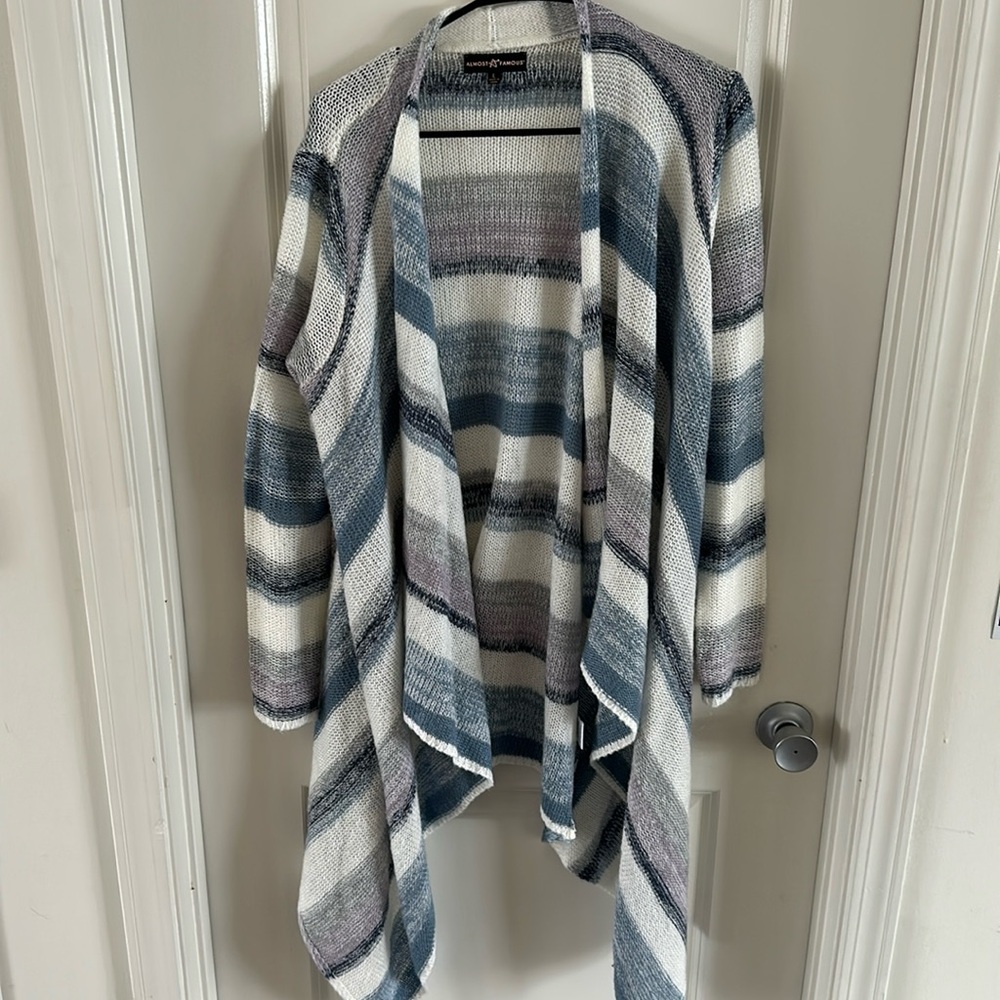 Blue, Purple, Grey, White cardigan